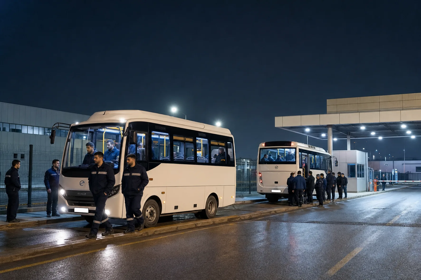 Gece ışıklandırılmış fabrika girişinde vardiya değişimi sırasında beyaz midibüslerden inip binen işçiler